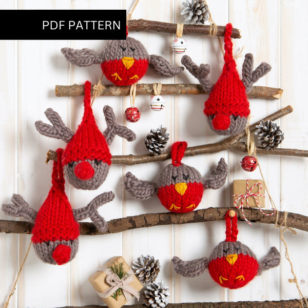 Christmas Knitting PDF Pattern - Reindeer and Robin Baubles - Wool Couture