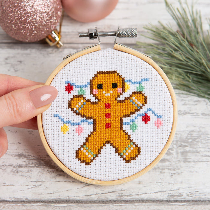 Gingerbread Man Christmas Cross Stitch Kit - 3 Inch Hoop - Wool Couture