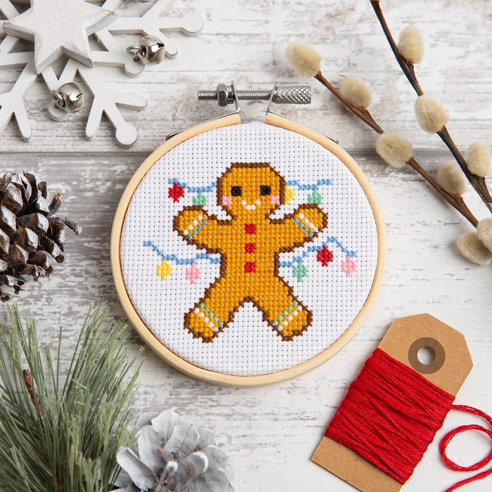 Gingerbread Man Christmas Cross Stitch Kit - 3 Inch Hoop - Wool Couture