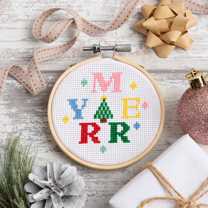 Merry Christmas Cross Stitch Kit - 3 Inch Hoop - Wool Couture