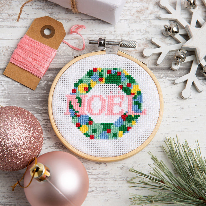 Noel Wreath Christmas Cross Stitch Kit - 3 Inch Hoop - Wool Couture