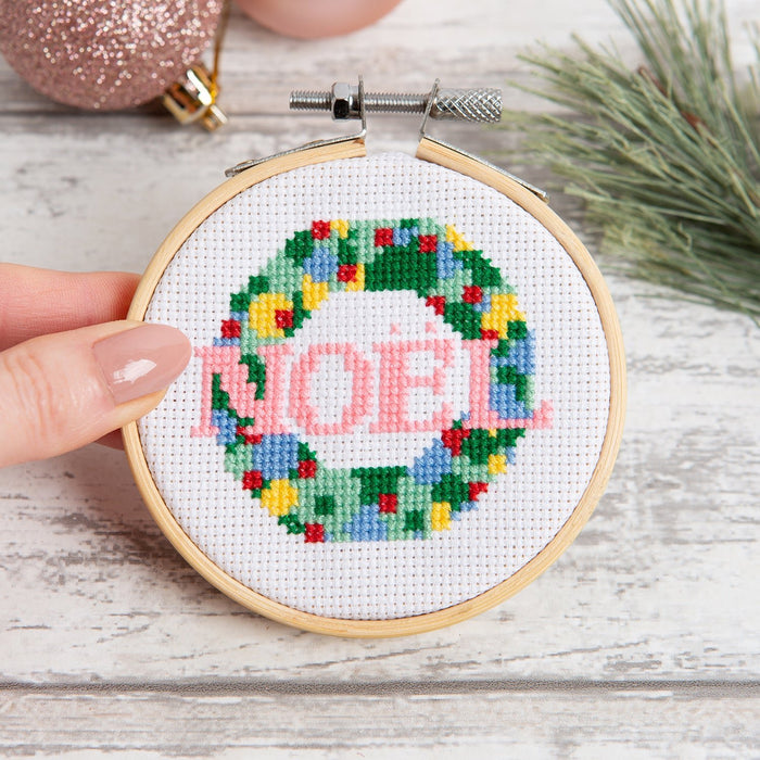 Noel Wreath Christmas Cross Stitch Kit - 3 Inch Hoop - Wool Couture