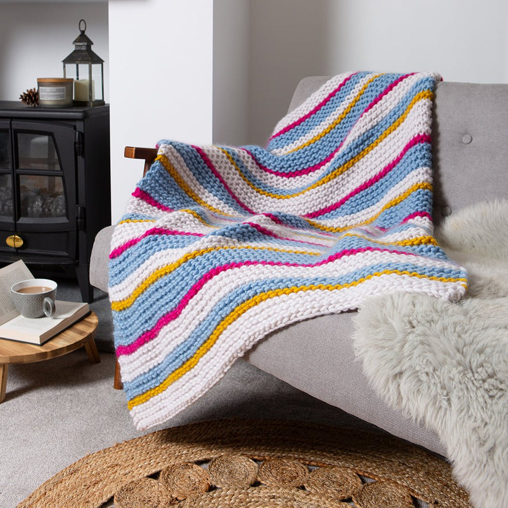 Beginners Blanket Knitting Kit. Easy Learn to Knit Blanket. Ocean Breeze  Stripy Blanket Knitting Kit by Wool Couture. 